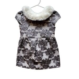 Janie and Jack‎ Gray Floral Dress Faux Fur Collar Party Holiday Baby Girl 12-18M
